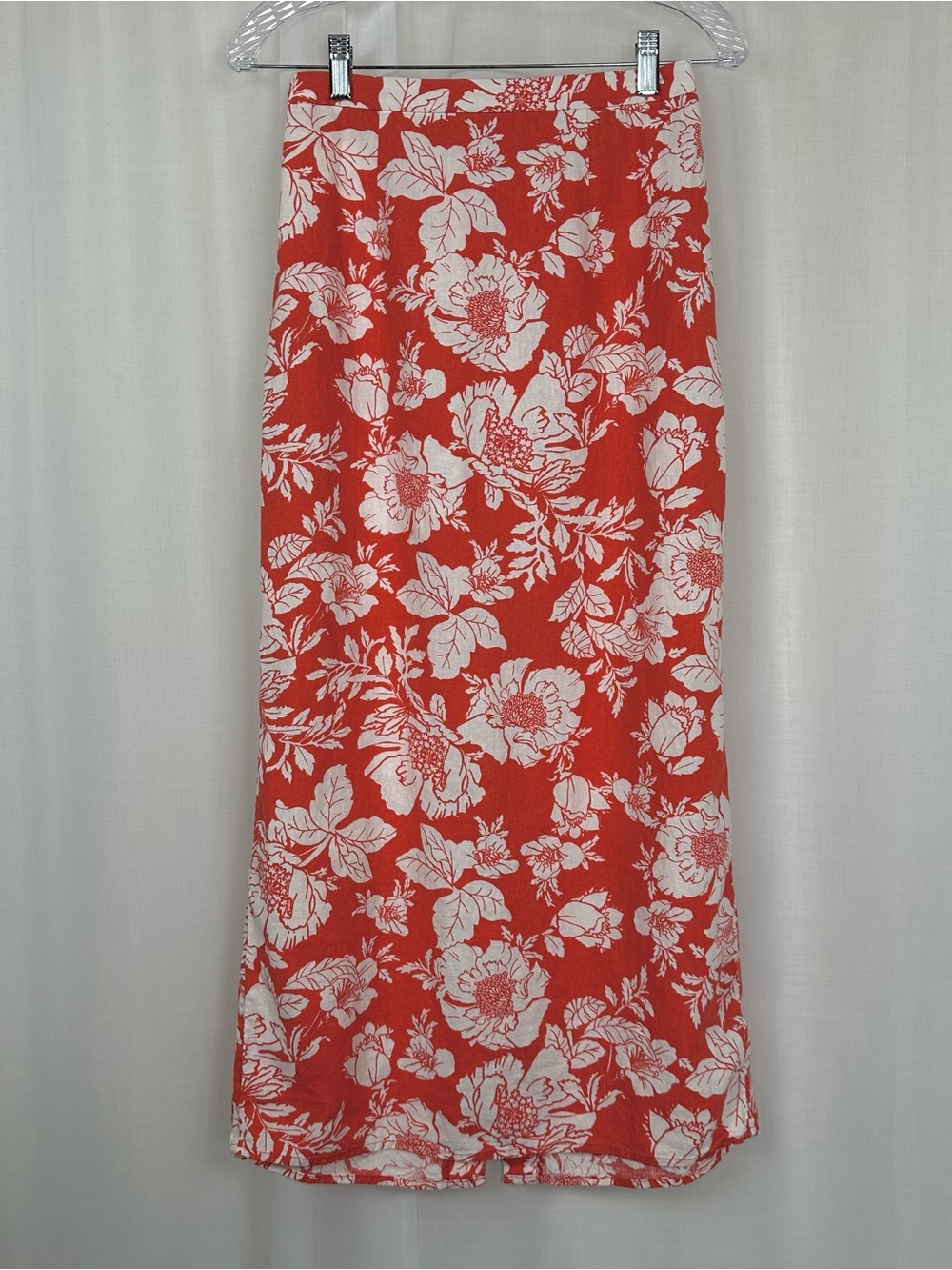 Old Navy Orange Red Floral Linen Blend High Waisted Column Maxi Skirt XS Boho